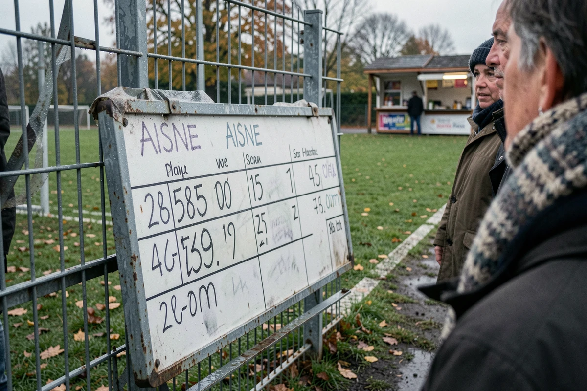 Tableau des scores d'un match de football amateur dans le district de l'Aisne avec spectateurs