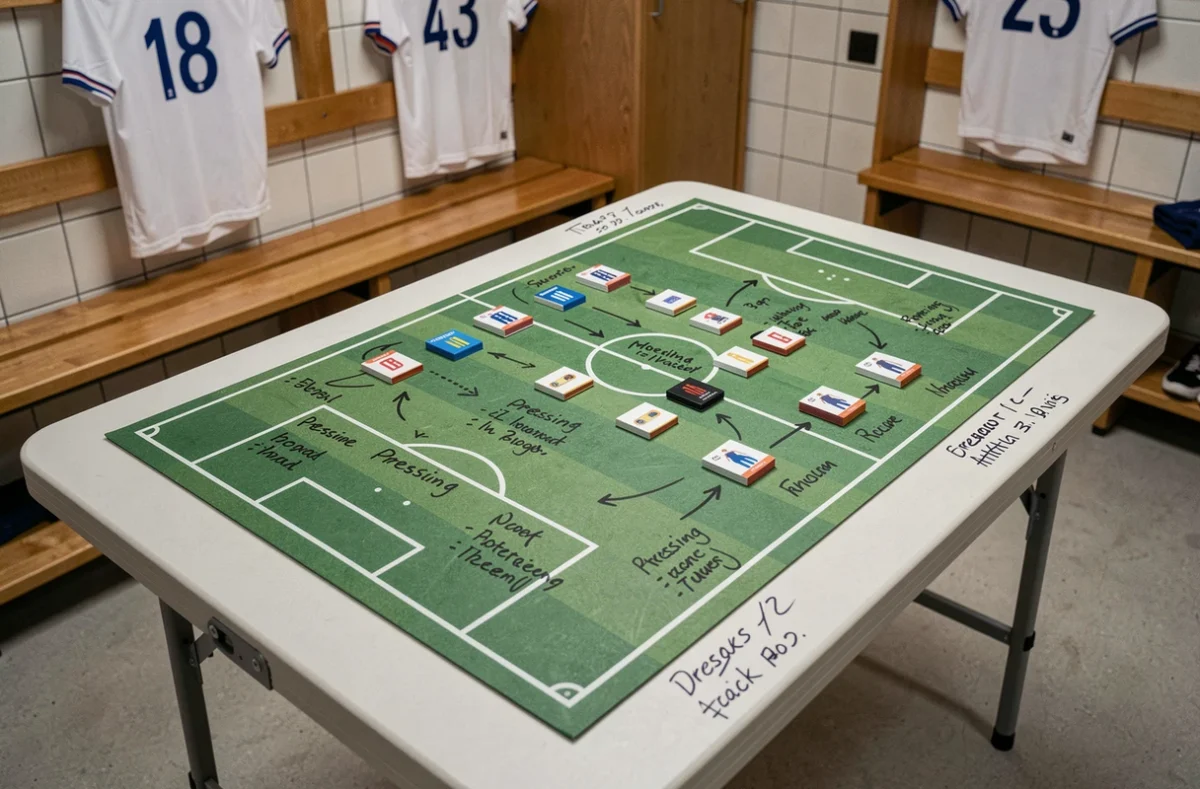 Tableau tactique de composition avec formation 4-3-3 dans un vestiaire professionnel avant le Classique PSG contre l'OM