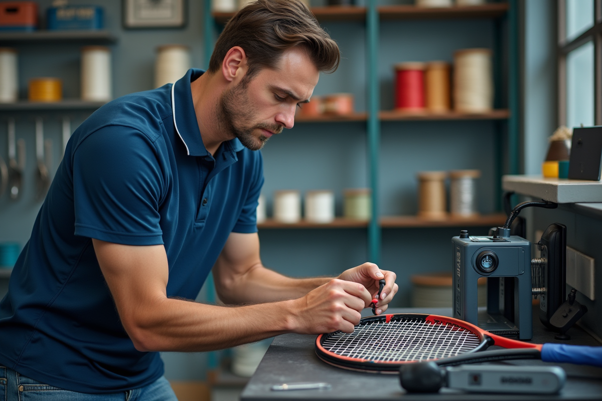Technicien de tennis ajuste une raquette en atelier intérieur