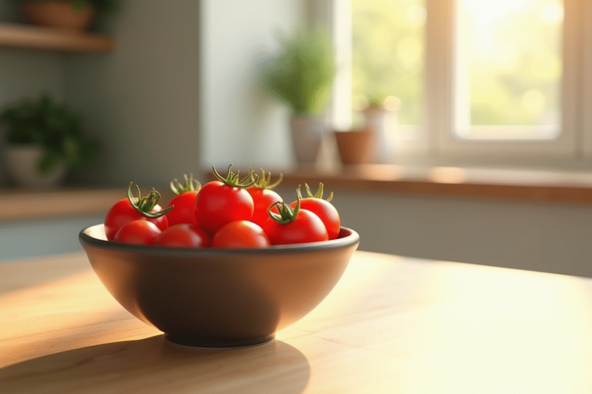 Bol de tomates cerises fraîches sur une table en bois clair