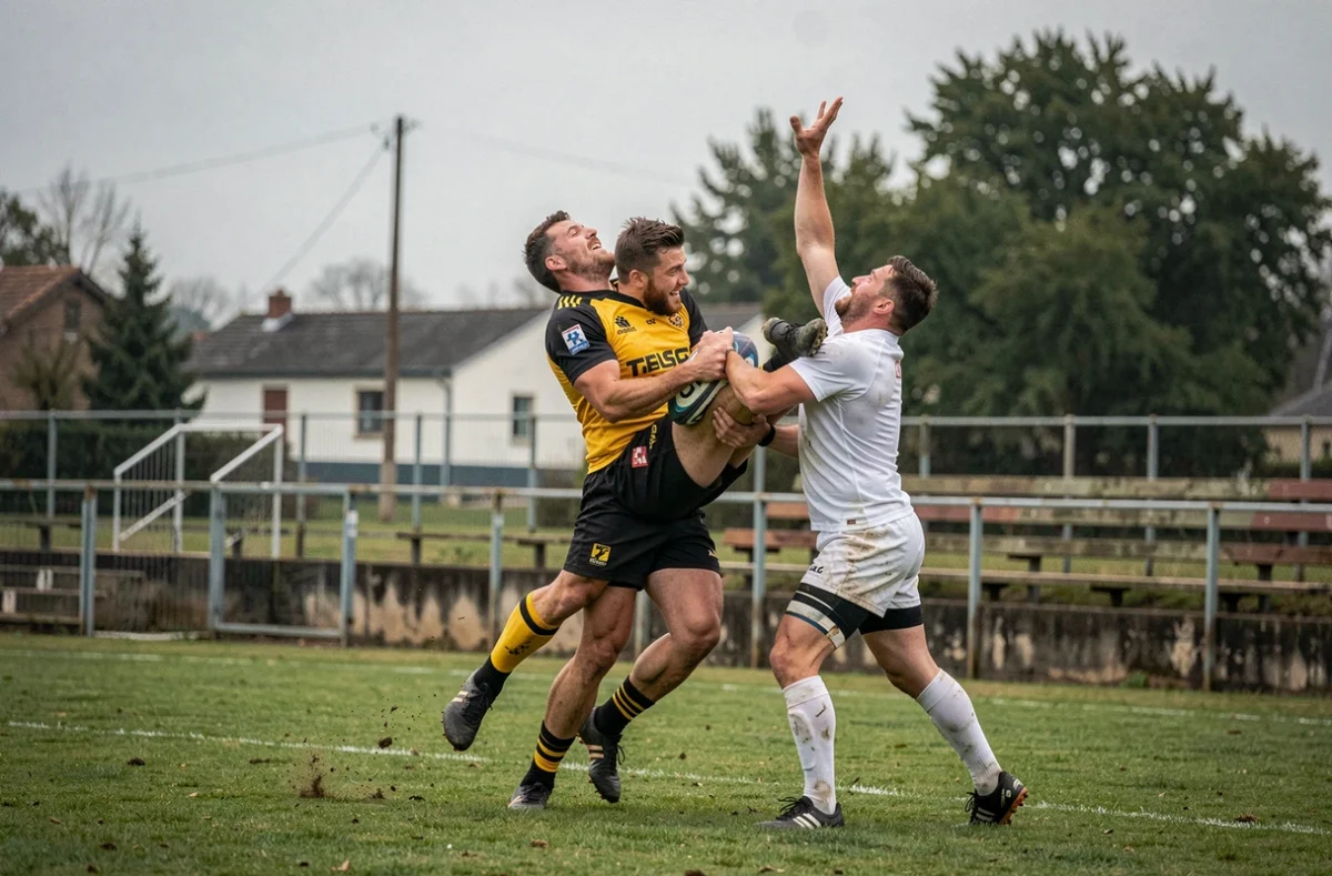 Touche disputée entre deux équipes lors d'un match de Fédérale 3, action physique sur terrain de club amateur
