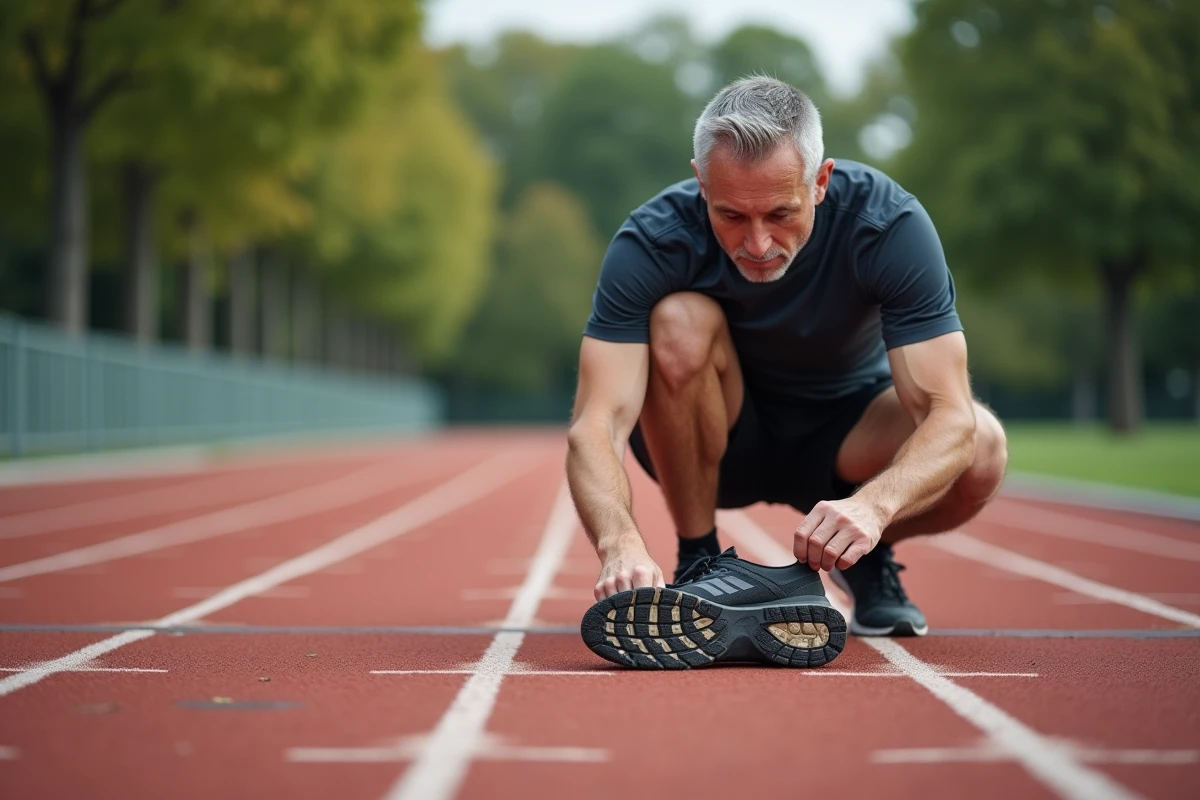 Coureur masculin examinant l'usure de la semelle de sa chaussure de running pour identifier une supination du pied, sur une piste d'athlétisme