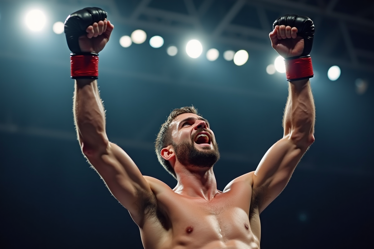 Fighter MMA victorieux levant les poings en triomphe