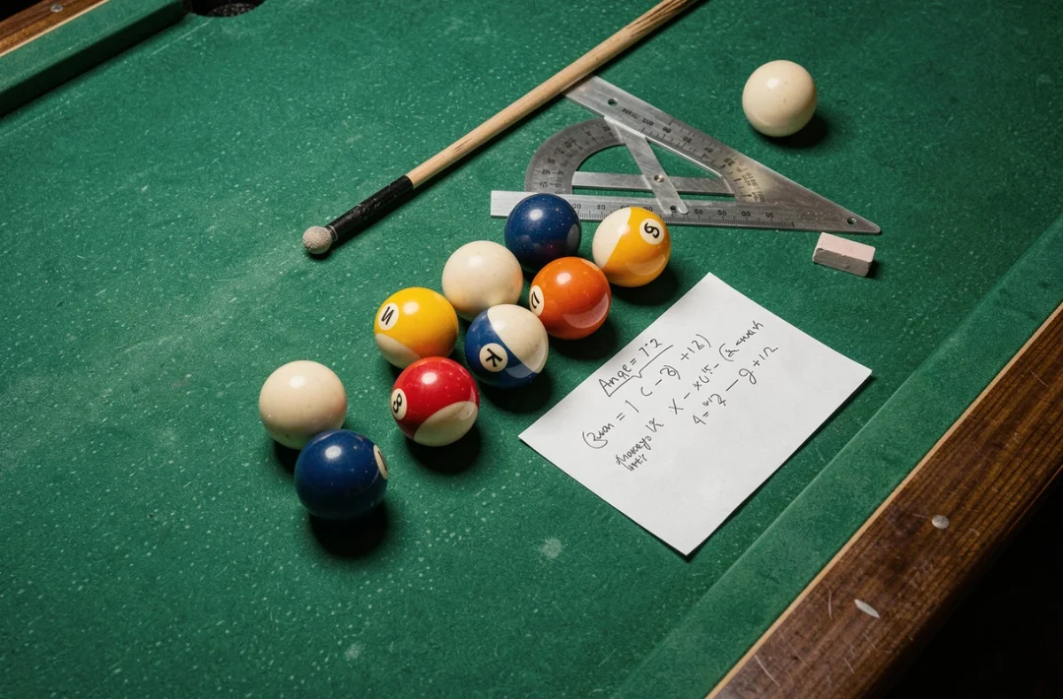 Vue en plongée d'une table de billard avec rapporteur et notes d'angles de rotation en degrés pour calculer la trajectoire des billes