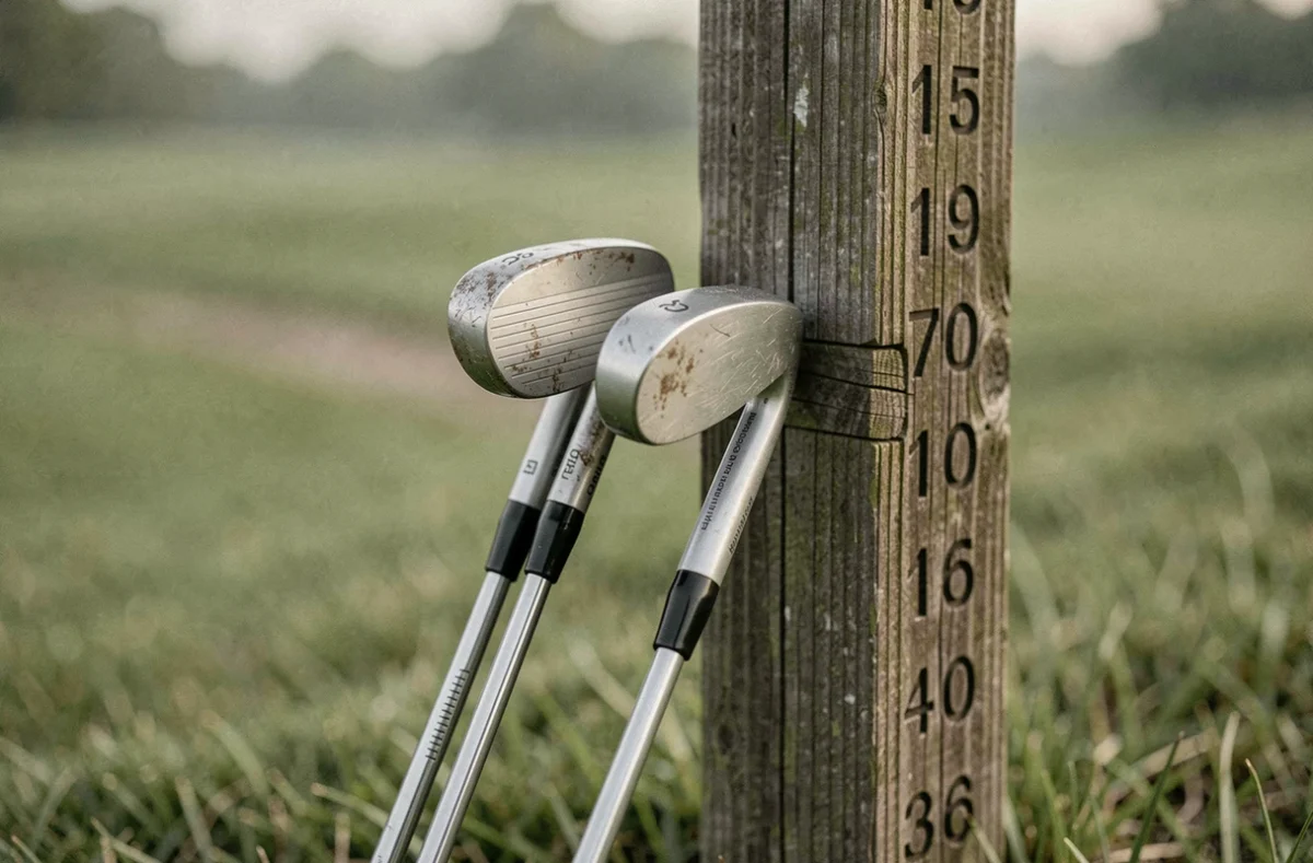 Deux wedges de golf appuyés contre un poteau de distance en bois, détail des têtes de club usées