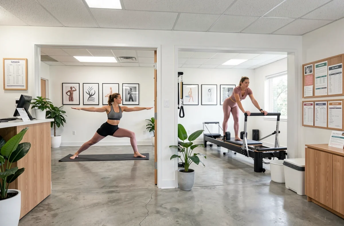 Studio pluridisciplinaire Yoga Citta avec une zone de yoga et une zone de Pilates visibles côte à côte dans un espace contemporain