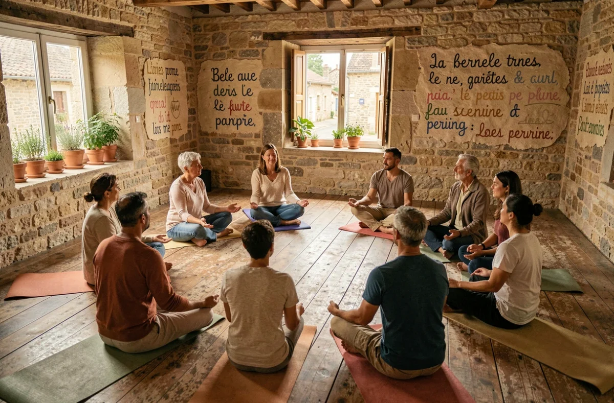 Groupe en cercle lors d'un exercice de respiration collectif dans la salle communautaire de Yoga Connexion à La Bernerie-en-Retz